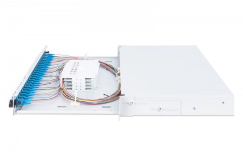 Przełącznica światłowodowa/panel krosowy z wyposażeniem 19 cali 1U, 24x LC duplex, OS2, zawiera pigtaile, adaptery, tacki, wysuw Digitus