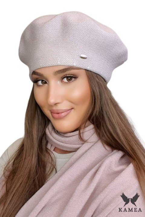 ARKADIA beret damski w pepitkę kolor różowy - Kamea ARKADIA beret damski w pepitkę kolor różowy - Kamea