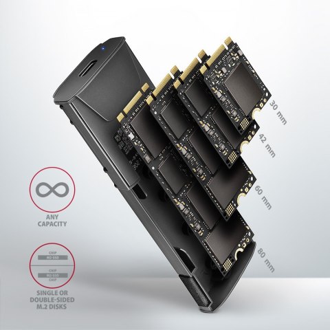 EEM2-GTS2 Obudowa zewnętrzna aluminiowa bezśrubowa USB-C 3.2 Gen 2 M.2 NVMe & SATA SSD + USB-A - USB-C redukcja AXAGON