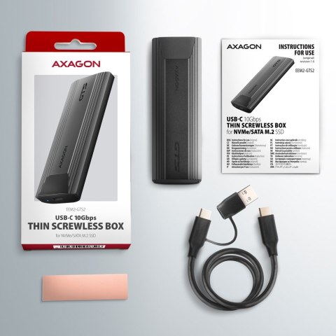 EEM2-GTS2 Obudowa zewnętrzna aluminiowa bezśrubowa USB-C 3.2 Gen 2 M.2 NVMe & SATA SSD + USB-A - USB-C redukcja AXAGON