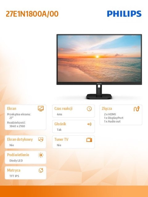 Monitor 27E1N1800A 27 cali IPS 4K HDMIx2 DP Głośniki Philips Monitor 27E1N1800A 27 cali IPS 4K HDMIx2 DP Głośniki Philips