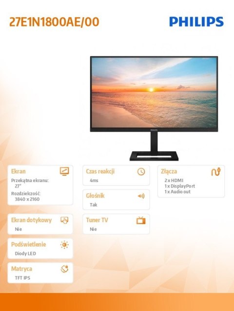 Monitor 27E1N1800AE 27 cali IPS 4K HDMIx2 DP HAS Głośniki Philips Monitor 27E1N1800AE 27 cali IPS 4K HDMIx2 DP HAS Głośniki Philips