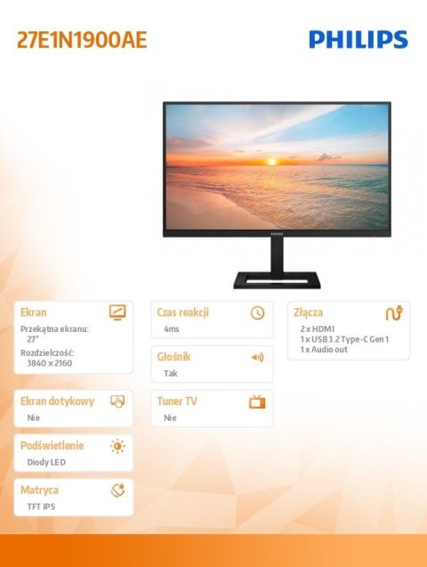 Monitor 27E1N1900AE 27 cali IPS 4K HDMIx2 USB-C HAS Głośniki Philips