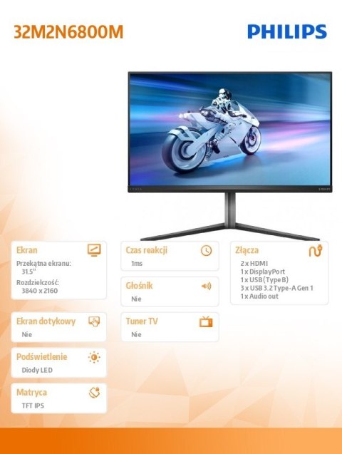 Monitor 32M2N6800M 31.5 cala IPS Mini-LED 4K 144Hz HDMIx2 DP HAS Ambiglow Philips Monitor 32M2N6800M 31.5 cala IPS Mini-LED 4K 144Hz HDMIx2 DP HAS Ambiglow Philips