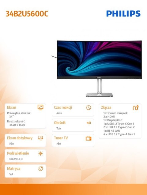 Monitor 34B2U5600C 34 cale Curved VA HDMIx2 DP HAS USB-C Głośniki Philips Monitor 34B2U5600C 34 cale Curved VA HDMIx2 DP HAS USB-C Głośniki Philips