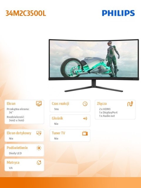 Monitor 34M2C3500L 34 cale Curved VA 180Hz HDMIx2 DPx2 Philips Monitor 34M2C3500L 34 cale Curved VA 180Hz HDMIx2 DPx2 Philips