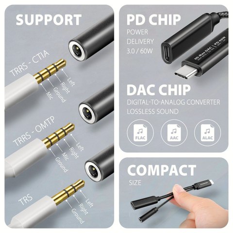 ADA-HCPD Zewnętrzna karta dźwiękowa USB-C 32bit DAC 3.5mm (F) złącze, 384kHz + PD 60W AXAGON
