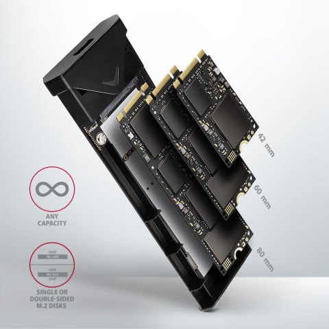 EEM2-UB2 Obudowa zewnętrzna aluminiowa, USB-C 3.2 Gen 2 - M.2 NVMe SSD, długość 42 do 80 mm Czarna AXAGON