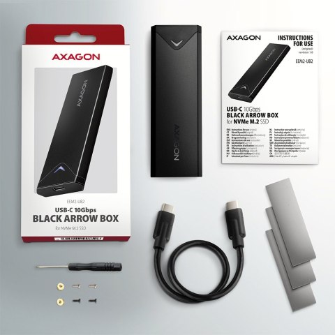 EEM2-UB2 Obudowa zewnętrzna aluminiowa, USB-C 3.2 Gen 2 - M.2 NVMe SSD, długość 42 do 80 mm Czarna AXAGON
