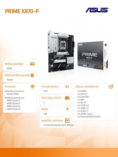 Płyta główna PRIME X870-P AM5 4DDR5 HDMI/USB-C ATX Asus Płyta główna PRIME X870-P AM5 4DDR5 HDMI/USB-C ATX Asus