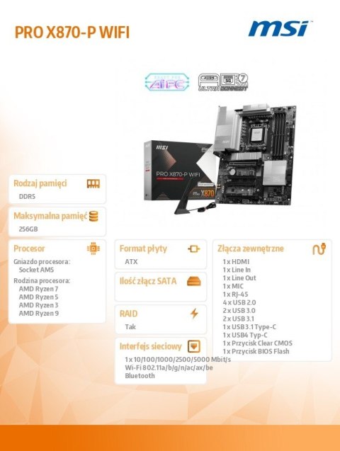 Płyta główna PRO X870-P WIFI AM5 4DDR5 ATX MSI