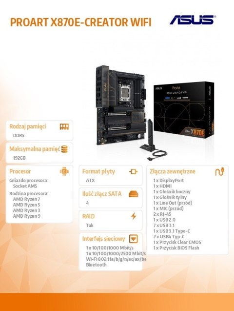 Płyta główna PROART X870E-CREATOR WI FI AM5 4DDR5 HDMI/USB-C Asus