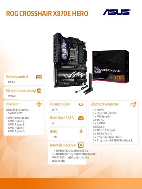 Płyta główna ROG CROSSHAIR X870E HERO AM5 4DDR5 HDMI/USB-C Asus Płyta główna ROG CROSSHAIR X870E HERO AM5 4DDR5 HDMI/USB-C Asus