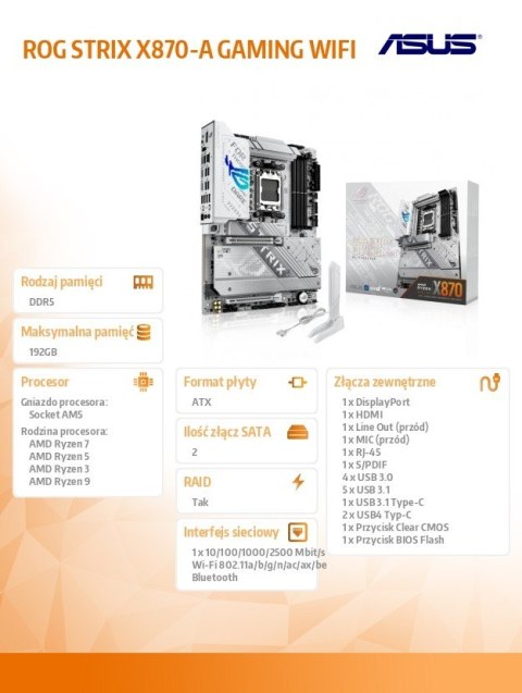 Płyta główna ROG STRIX X870-A GAMING WIFI AM5 4DDR5 HDMI/USBC Asus Płyta główna ROG STRIX X870-A GAMING WIFI AM5 4DDR5 HDMI/USBC Asus