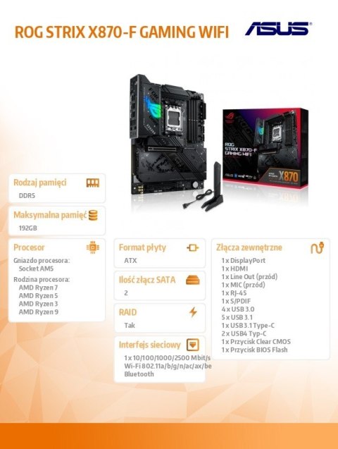 Płyta główna ROG STRIX X870-F GAMING WIFI 4DDR5 HDMI/USB-C/DP Asus
