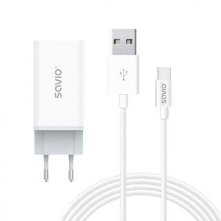 Ładowarka sieciowa 65W GaN LA-07 z kablem USB-A-USB typ C 1m, biała Savio