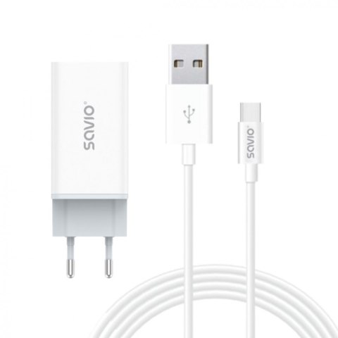 Ładowarka sieciowa 65W GaN LA-07 z kablem USB-A-USB typ C 1m, biała Savio