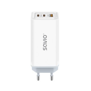 Ładowarka sieciowa 65W GaN LA-07 z kablem USB-A-USB typ C 1m, biała Savio