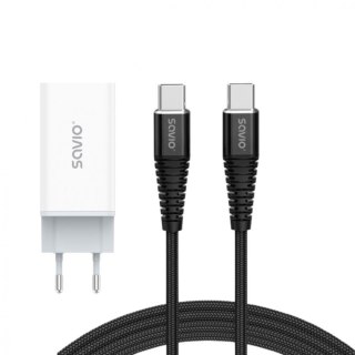 Ładowarka sieciowa 65W GaN LA-07 z kablem typu C-USB typ C 100W 1m, biało-czarna Savio