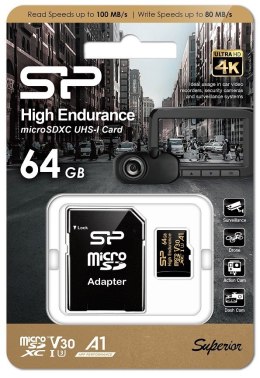 Karta pamięci microSDXC High Endurance 64GB V30 UHS-1 U3 A1 24/7 + ADAPTER microSD-SD Silicon Power