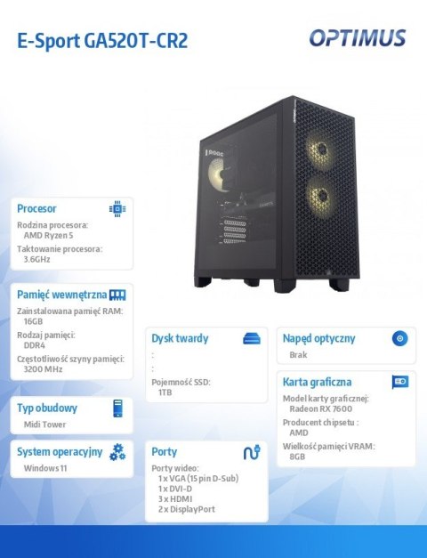 Komputer E-Sport GA520T-CR2 Ryzen 5 5600X/16GB/1TB/RX 7600 OC 8GB/W11 OPTIMUS Komputer E-Sport GA520T-CR2 Ryzen 5 5600X/16GB/1TB/RX 7600 OC 8GB/W11 OPTIMUS
