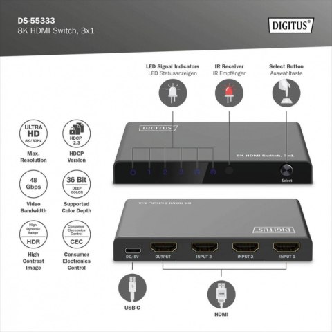 Przełącznik/Switch 8K HDMI 3x1, 60Hz (4:4:4), HDR, HDCP 2.3, pilot, Czarny Digitus