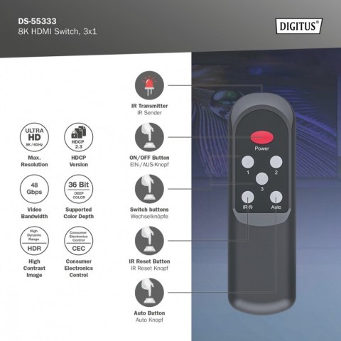Przełącznik/Switch 8K HDMI 3x1, 60Hz (4:4:4), HDR, HDCP 2.3, pilot, Czarny Digitus
