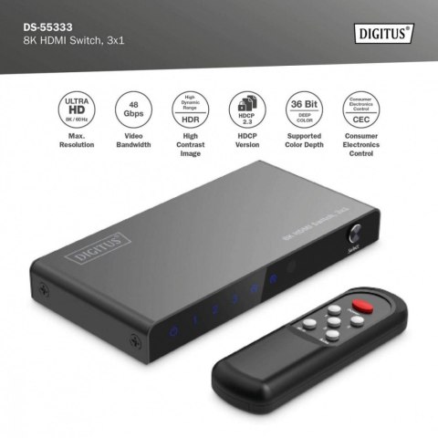 Przełącznik/Switch 8K HDMI 3x1, 60Hz (4:4:4), HDR, HDCP 2.3, pilot, Czarny Digitus