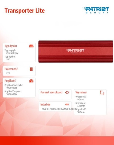 Dysk SSD 2TB Transporter Lite 1000/1000 MB/s Type-C Patriot