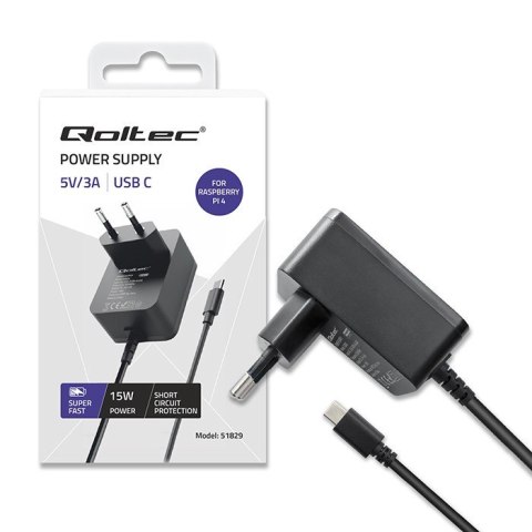 Ładowarka Super FAST PD for Raspberry PI 4 | USB-C | 15W | 5V | 3A | Czarna Qoltec