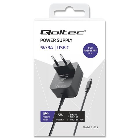 Ładowarka Super FAST PD for Raspberry PI 4 | USB-C | 15W | 5V | 3A | Czarna Qoltec Ładowarka Super FAST PD for Raspberry PI 4 | USB-C | 15W | 5V | 3A | Czarna Qoltec