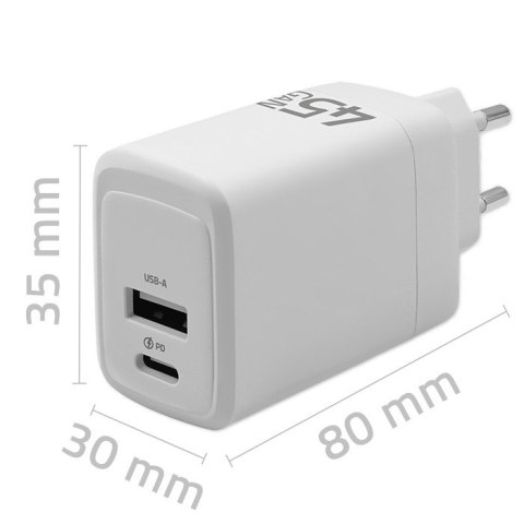 Ładowarka sieciowa 45W GaN | 5-20V | 1.5-3A | 1xUSB-C PD | 1xUSB QC 3.0 | Biała Qoltec Ładowarka sieciowa 45W GaN | 5-20V | 1.5-3A | 1xUSB-C PD | 1xUSB QC 3.0 | Biała Qoltec