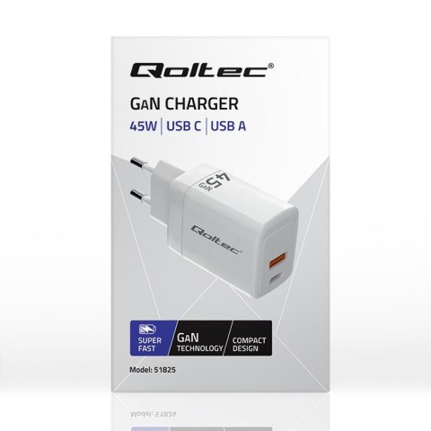 Ładowarka sieciowa 45W GaN | 5-20V | 1.5-3A | 1xUSB-C PD | 1xUSB QC 3.0 | Biała Qoltec Ładowarka sieciowa 45W GaN | 5-20V | 1.5-3A | 1xUSB-C PD | 1xUSB QC 3.0 | Biała Qoltec