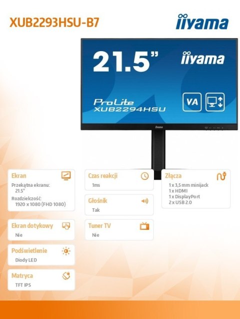 Monitor 21.5 cali XUB2293HSU-B7 IPS, 100Hz, Pivot, HAS(150mm), 300cd IIYAMA