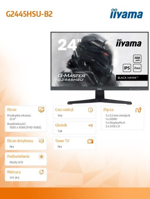 Monitor 23,8 cala G2445HSU-B2 IPS, FHD, 100Hz, 1ms, 2xUSB, 300cd IIYAMA