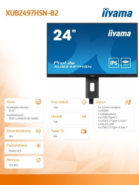 Monitor 24 cale XUB2497HSN-B2 IPS, USB-C Dock, HDMI, DP, 300cd, Pivot, HAS /5y/ IIYAMA
