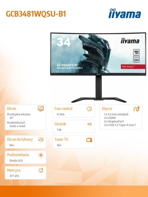 Monitor 34 cale GCB3481WQSU-B1 VA, UWQHD, 180HZ, 0.3ms, 500cd IIYAMA