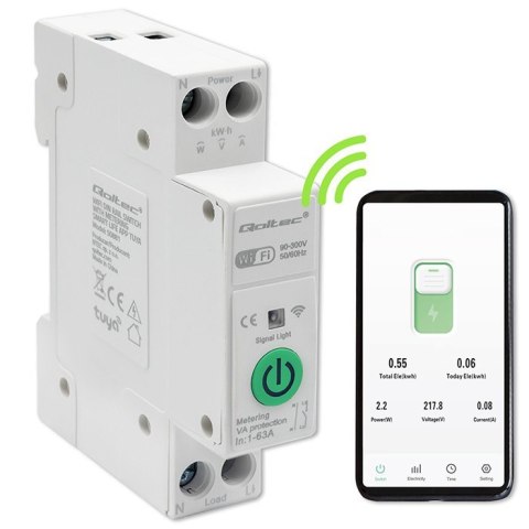 Przekaźnik Wi-Fi 63A na szynę DIN z licznikiem energii elektrycznej | TUYA | SMART LIFE Qoltec