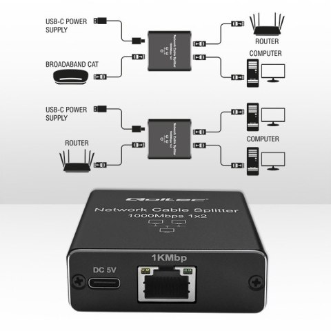 Rozdzielacz Splitter mini SWITCH 1x2 port RJ45 | 1000Mbps | USB-C| Aluminium Qoltec Rozdzielacz Splitter mini SWITCH 1x2 port RJ45 | 1000Mbps | USB-C| Aluminium Qoltec