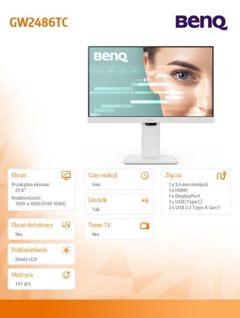 Monitor 23.8 cala GW2486TC LED 4ms/1300:1/IPS/100Hz Benq Monitor 23.8 cala GW2486TC LED 4ms/1300:1/IPS/100Hz Benq