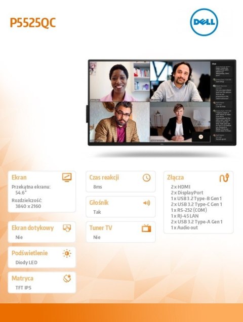 Monitor 54.6 cala P5525QC IPS 4K UHD/16:9/HDMI/DP/USB-C/RS232/USB/RJ45/Speakers/3Y