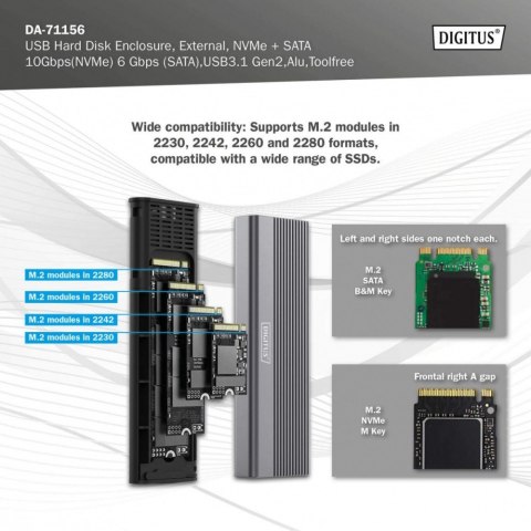 Obudowa USB 3.1 Typ C na dysk SSD M.2 NVMe 10 Gbps + SATA 6 Gbps aluminiowa, beznarzędziowa Digitus