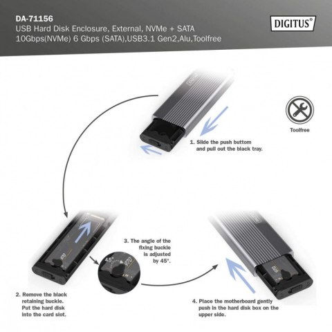 Obudowa USB 3.1 Typ C na dysk SSD M.2 NVMe 10 Gbps + SATA 6 Gbps aluminiowa, beznarzędziowa Digitus