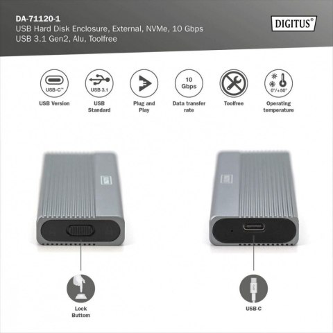 Obudowa USB 3.1 Typ C na dysk SSD M.2 NVMe 10 Gbps aluminiowa, beznarzędziowa Digitus