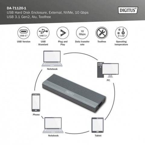 Obudowa USB 3.1 Typ C na dysk SSD M.2 NVMe 10 Gbps aluminiowa, beznarzędziowa Digitus