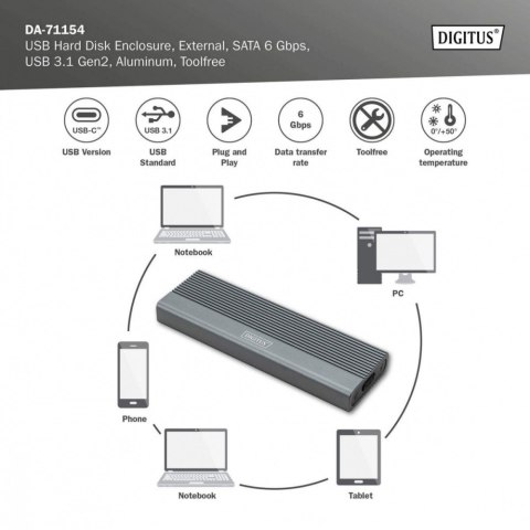 Obudowa USB 3.1 Typ C na dysk SSD M.2 SATA 6 Gbps aluminiowa, beznarzędziowa Digitus