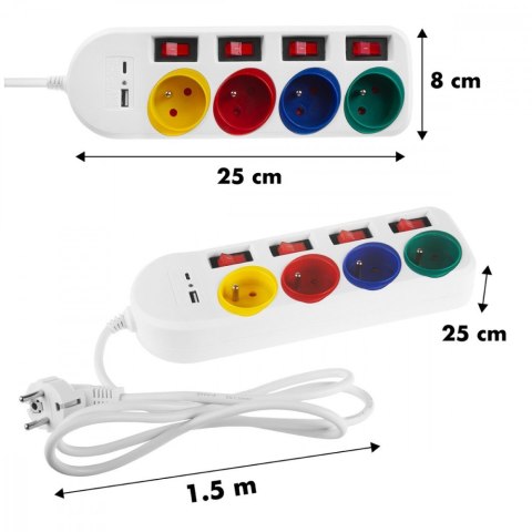 Przedłużacz 4 gniazda 1.5m, USB A/C MCE508 W Maclean