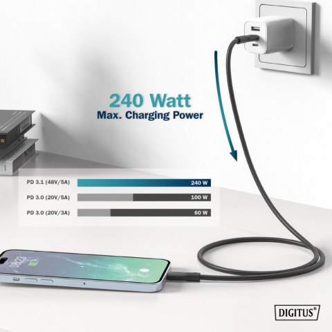 Kabel połączeniowy silikonowy USB-C - USB-C, USB 4 Gen3 40G 8K 240W, 0,5m Czarny Digitus