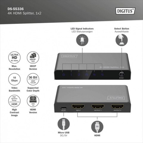 Rozdzielacz/Splitter HDMI 1x2, 4K/60Hz UHD z HDR, 18 Gbps, HDCP 2.2, EDID Digitus