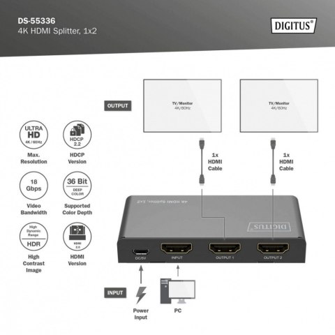 Rozdzielacz/Splitter HDMI 1x2, 4K/60Hz UHD z HDR, 18 Gbps, HDCP 2.2, EDID Digitus